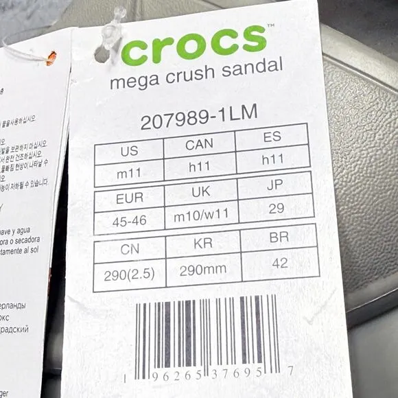 Crocs Mega Crush Mens Size 11 Sandals Shoes Elephant Gray Platform 207989-1LM