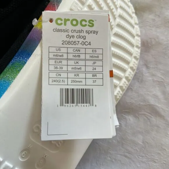 Crocs Platform Classic Crush Spray Dye Clog Black Rainbow Slip On Shoes M 6 W 8