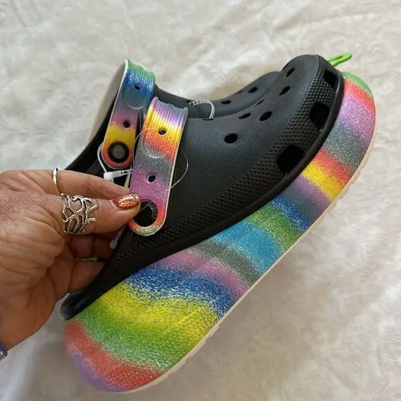 Crocs Platform Classic Crush Spray Dye Clog Black Rainbow Slip On Shoes M 6 W 8