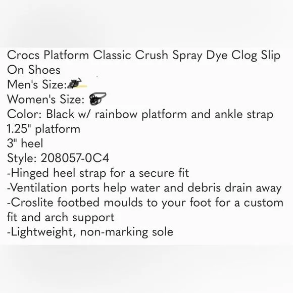 Crocs Platform Classic Crush Spray Dye Clog Black Rainbow Slip On Shoes M 6 W 8