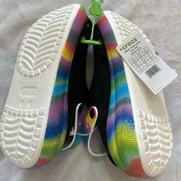 Crocs Platform Classic Crush Spray Dye Clog Black Rainbow Slip On Shoes M 6 W 8
