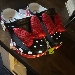 CROCS Red and Black Sandals with Playful Polka Dots