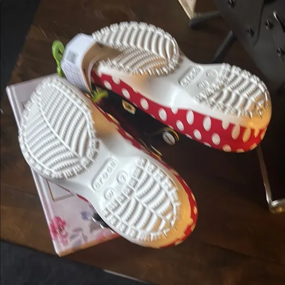 CROCS Red and Black Sandals with Playful Polka Dots