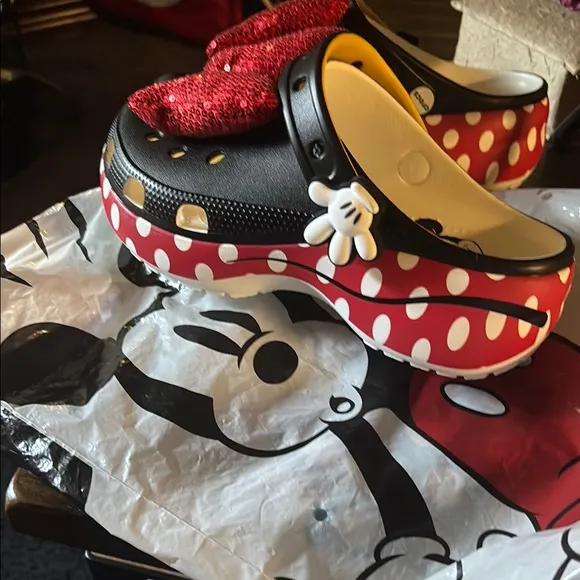 CROCS Red and Black Sandals with Playful Polka Dots