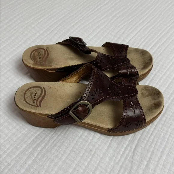 DANSKO BROWN LEATHER SANDALS FLORAL CUT OUT DETAILS SIZE EU 38 SUMMER COASTAL