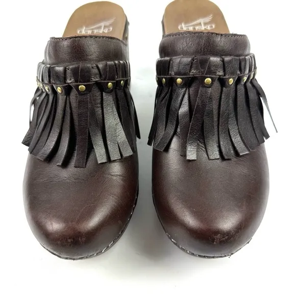 Dansko Deni Clogs 37 Dark Brown Leather Fringe Slip On Shoes Womens