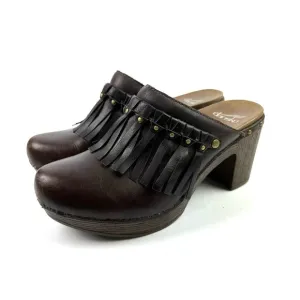 Dansko Deni Clogs 37 Dark Brown Leather Fringe Slip On Shoes Womens
