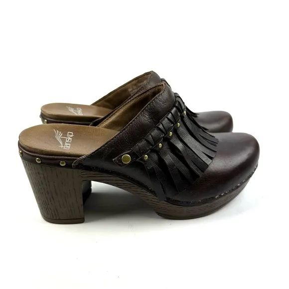 Dansko Deni Clogs 37 Dark Brown Leather Fringe Slip On Shoes Womens