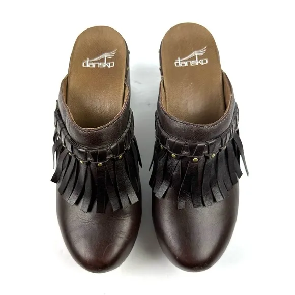 Dansko Deni Clogs 37 Dark Brown Leather Fringe Slip On Shoes Womens