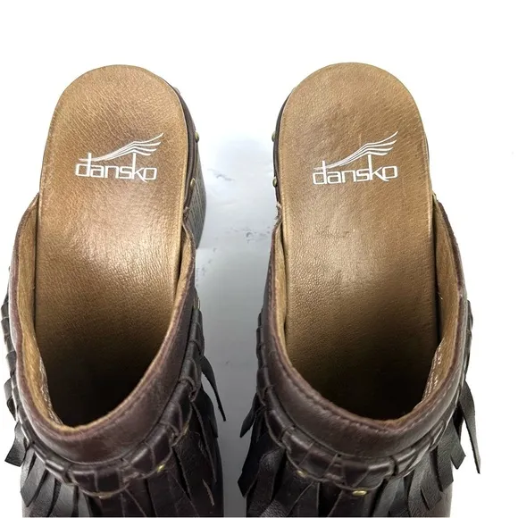 Dansko Deni Clogs 37 Dark Brown Leather Fringe Slip On Shoes Womens