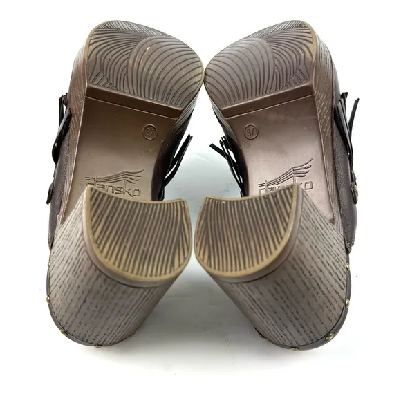 Dansko Deni Clogs 37 Dark Brown Leather Fringe Slip On Shoes Womens