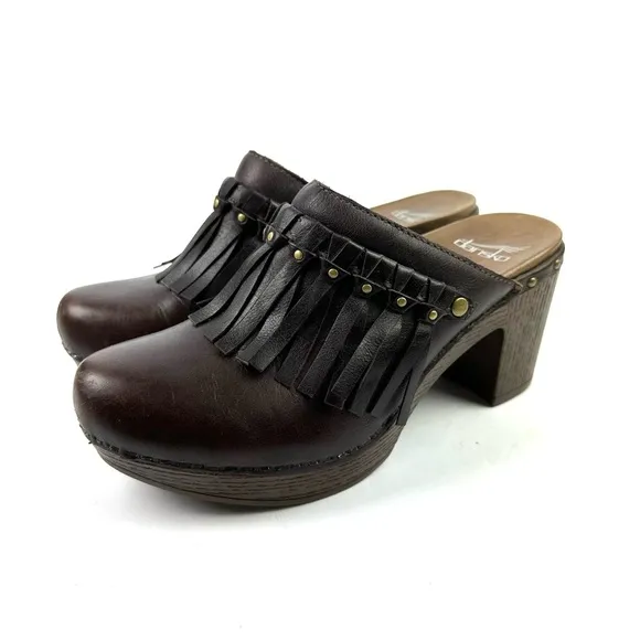 Dansko Deni Clogs 37 Dark Brown Leather Fringe Slip On Shoes Womens