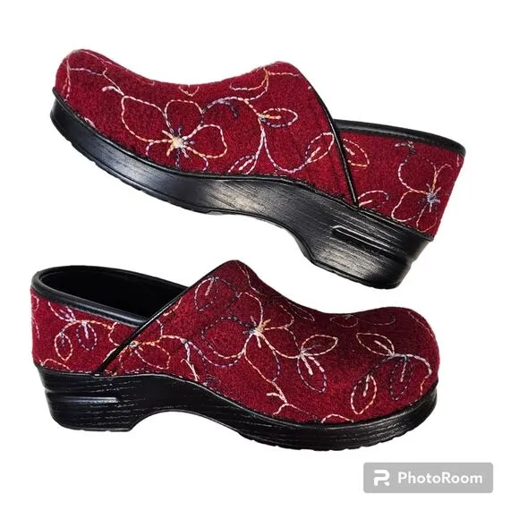 Dansko Felt Pro Floral Platform Clogs Bordeaux Red Women's US Size 10.5 …