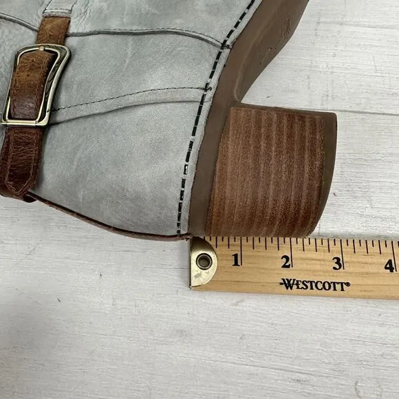 Dansko Women 6.5-7 Hartley Ankle Boot Grey Nubuck Tan Leather Trim Block Heels