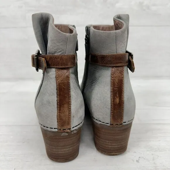 Dansko Women 6.5-7 Hartley Ankle Boot Grey Nubuck Tan Leather Trim Block Heels