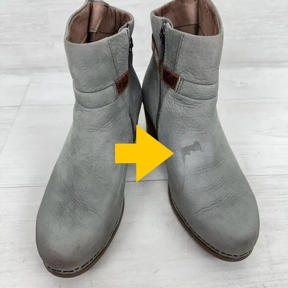 Dansko Women 6.5-7 Hartley Ankle Boot Grey Nubuck Tan Leather Trim Block Heels