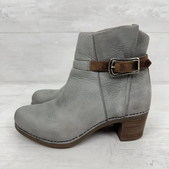 Dansko Women 6.5-7 Hartley Ankle Boot Grey Nubuck Tan Leather Trim Block Heels