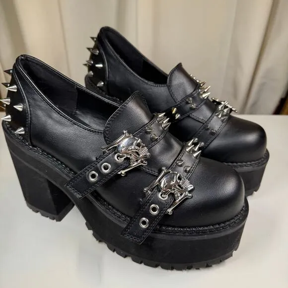 Demonia Assault-38 Chunky Platform Studded Spikes Skulls Mary Jane Goth Shoes 10