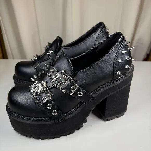 Demonia Assault-38 Chunky Platform Studded Spikes Skulls Mary Jane Goth Shoes 10