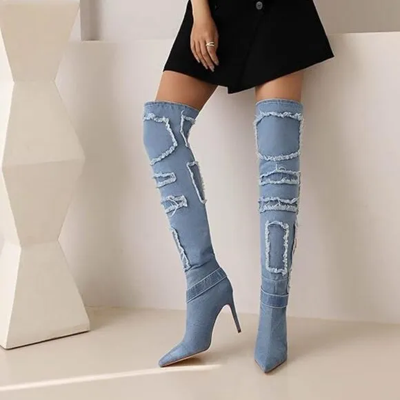 Denim Style Pointed Toe Stiletto Boots