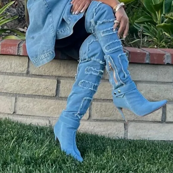 Denim Style Pointed Toe Stiletto Boots