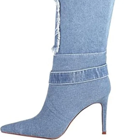 Denim Style Pointed Toe Stiletto Boots