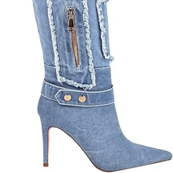 Denim Style Pointed Toe Stiletto Boots
