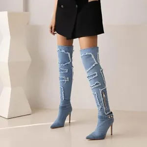 Denim Style Pointed Toe Stiletto Boots