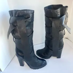 Designer Chloe Tall Leather Boots Black Heeled Lug Sole Wrap Around Leather Stra