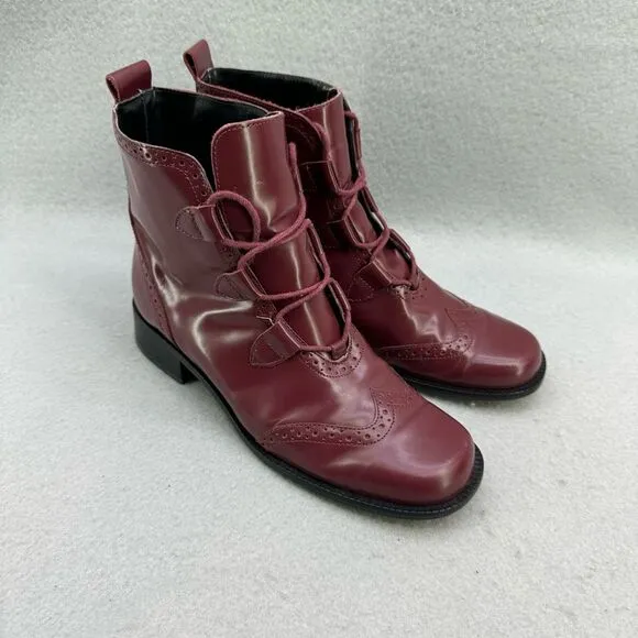 Details Womens Brogue Burgundy Lace Up Genuine Leather Ankle Boots Size 7.5
