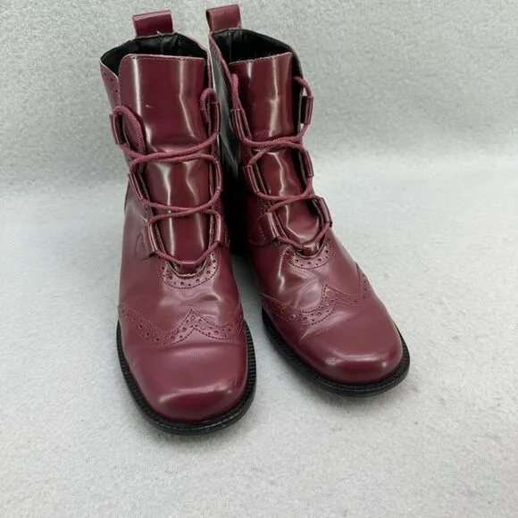 Details Womens Brogue Burgundy Lace Up Genuine Leather Ankle Boots Size 7.5