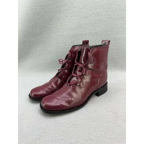 Details Womens Brogue Burgundy Lace Up Genuine Leather Ankle Boots Size 7.5