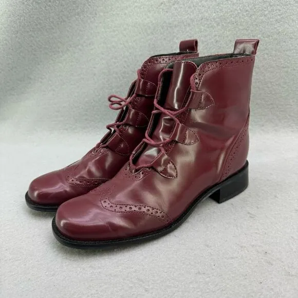 Details Womens Brogue Burgundy Lace Up Genuine Leather Ankle Boots Size 7.5