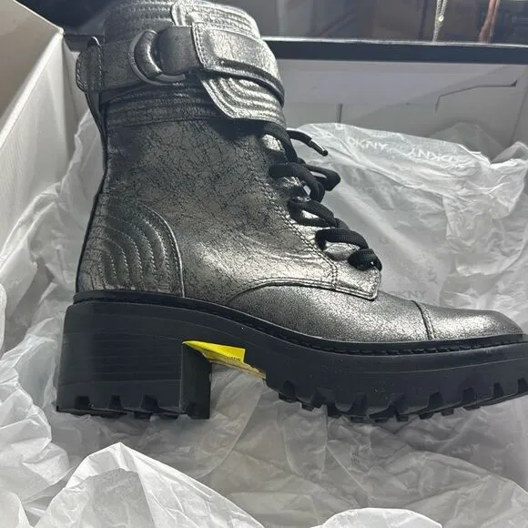 DKNY Womens Basia Leather Metallic Casual Combat &amp; Lace-up Boots Size 5.5