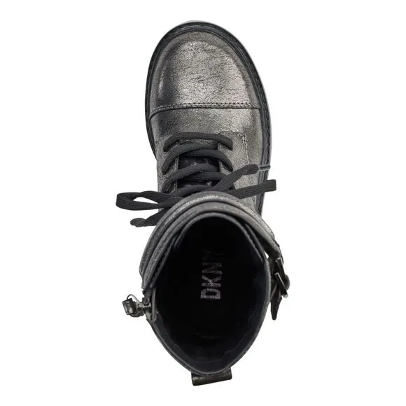 DKNY Womens Gray Metallic Basia Round Toe Block Heel Leather Combat Boots 5 M