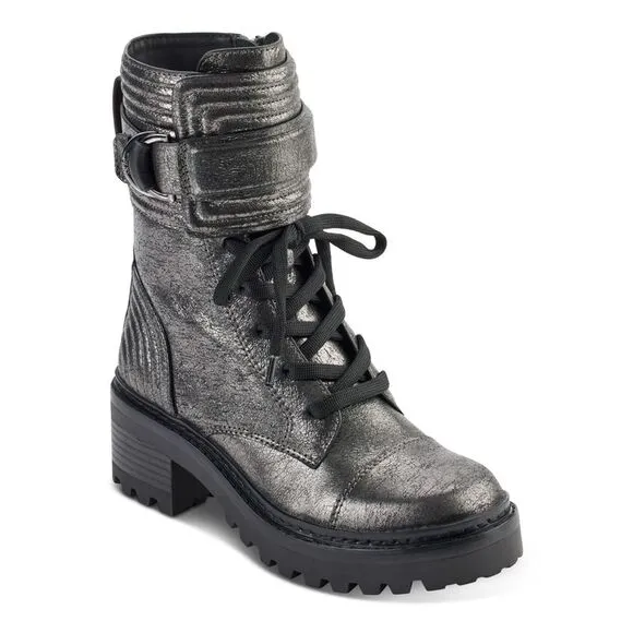 DKNY Womens Gray Metallic Basia Round Toe Block Heel Leather Combat Boots 5 M
