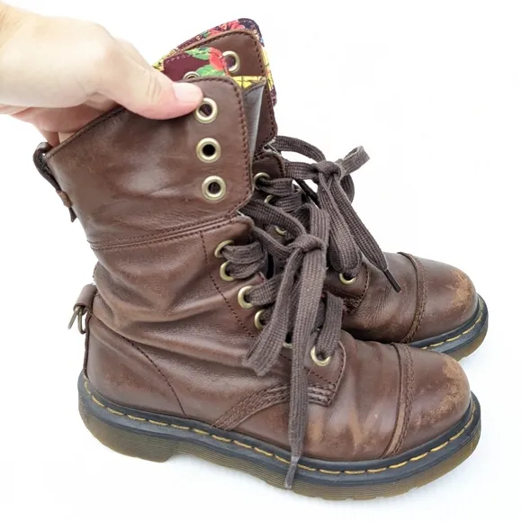 DOC MARTENS Aimilita Burgandy Hawaiian Floral Lined Lace-up Combat Boots size 5