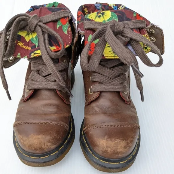 DOC MARTENS Aimilita Burgandy Hawaiian Floral Lined Lace-up Combat Boots size 5