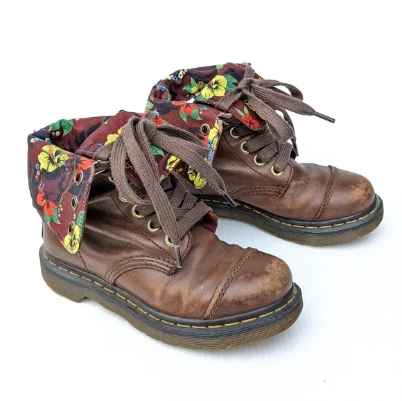 DOC MARTENS Aimilita Burgandy Hawaiian Floral Lined Lace-up Combat Boots size 5