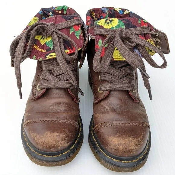DOC MARTENS Aimilita Burgandy Hawaiian Floral Lined Lace-up Combat Boots size 5