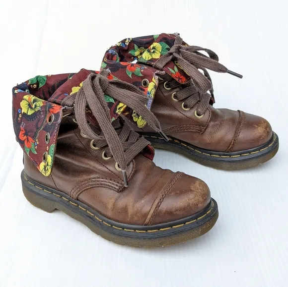 DOC MARTENS Aimilita Burgandy Hawaiian Floral Lined Lace-up Combat Boots size 5