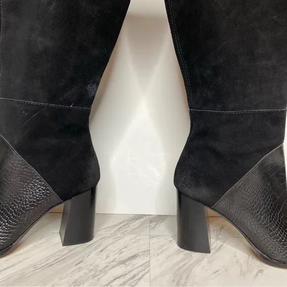 Dolce Vita Fynn Black Suede Crocodile Embossed Leather Heeled Tall Boot 7 1/2