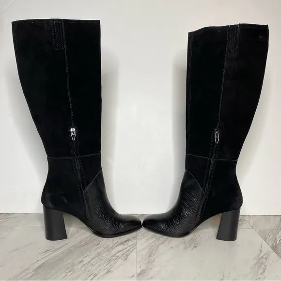 Dolce Vita Fynn Black Suede Crocodile Embossed Leather Heeled Tall Boot 7 1/2
