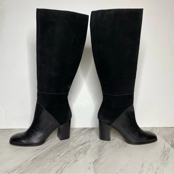 Dolce Vita Fynn Black Suede Crocodile Embossed Leather Heeled Tall Boot 7 1/2