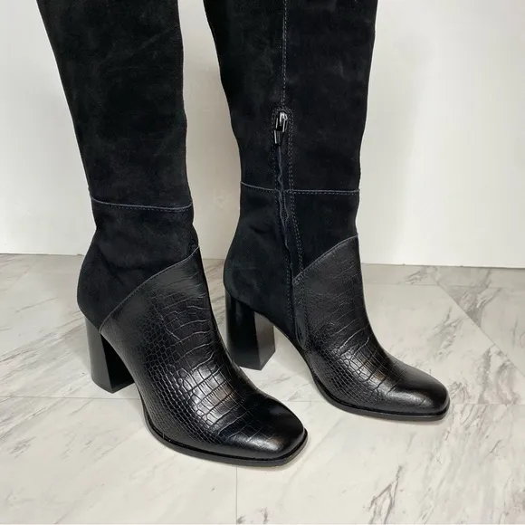 Dolce Vita Fynn Black Suede Crocodile Embossed Leather Heeled Tall Boot 7 1/2