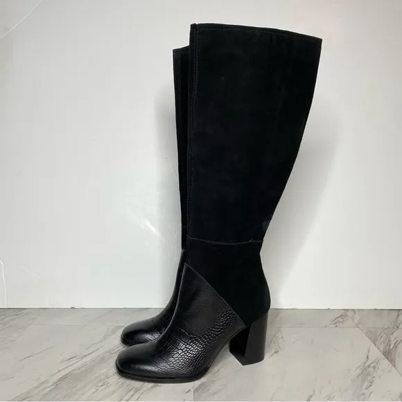 Dolce Vita Fynn Black Suede Crocodile Embossed Leather Heeled Tall Boot 7 1/2