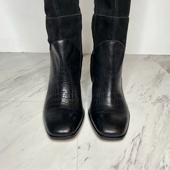 Dolce Vita Fynn Black Suede Crocodile Embossed Leather Heeled Tall Boot 7 1/2
