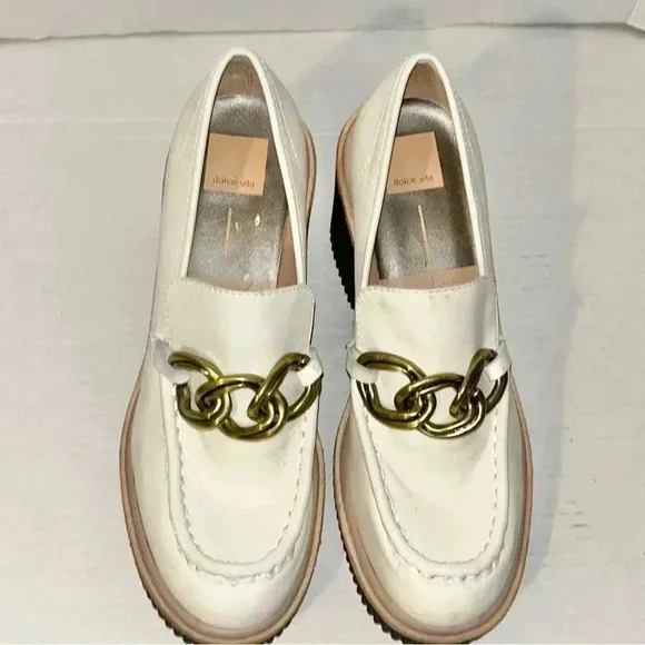 Dolce Vita Shoes Womens Size 10 Brenan Wedge Heel Loafers Ivory Leather Chain