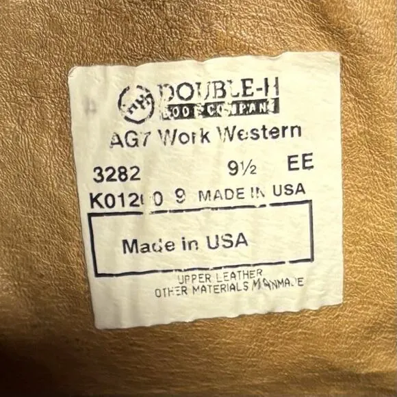 Double-H HH 12” AG7 Western Work Boots Brown U-Toe 3282 Men’s 9.5 EE Made In USA
