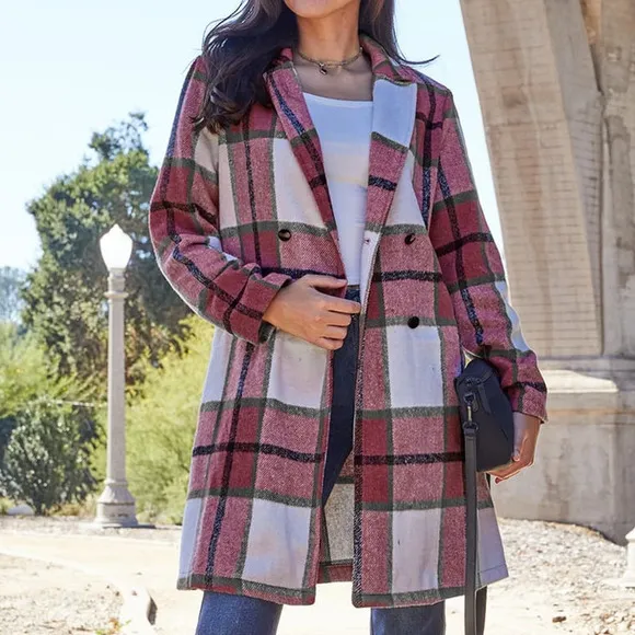 DOUBLE TAKE Plus Deep Red Plaid Button Up Jacket Pockets Fall NEW Size 2XL 3XL